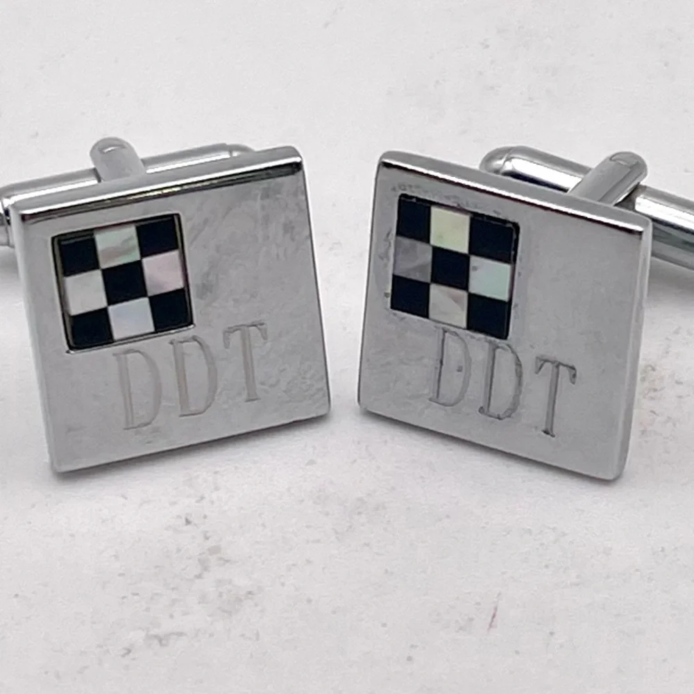 Silver Cufflinks With Mother of Pearl and Onyx Checkered Flag DDT Engraving